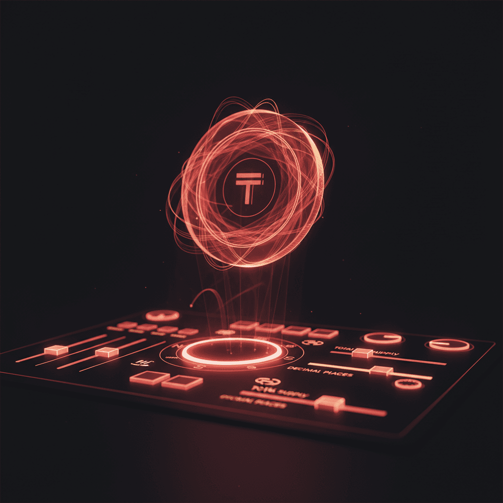 Token ayarları illustrationu — ad, sembol, arz ve ondalık değerlerini ayarlayan bir panelden biçimlenen tek bir token