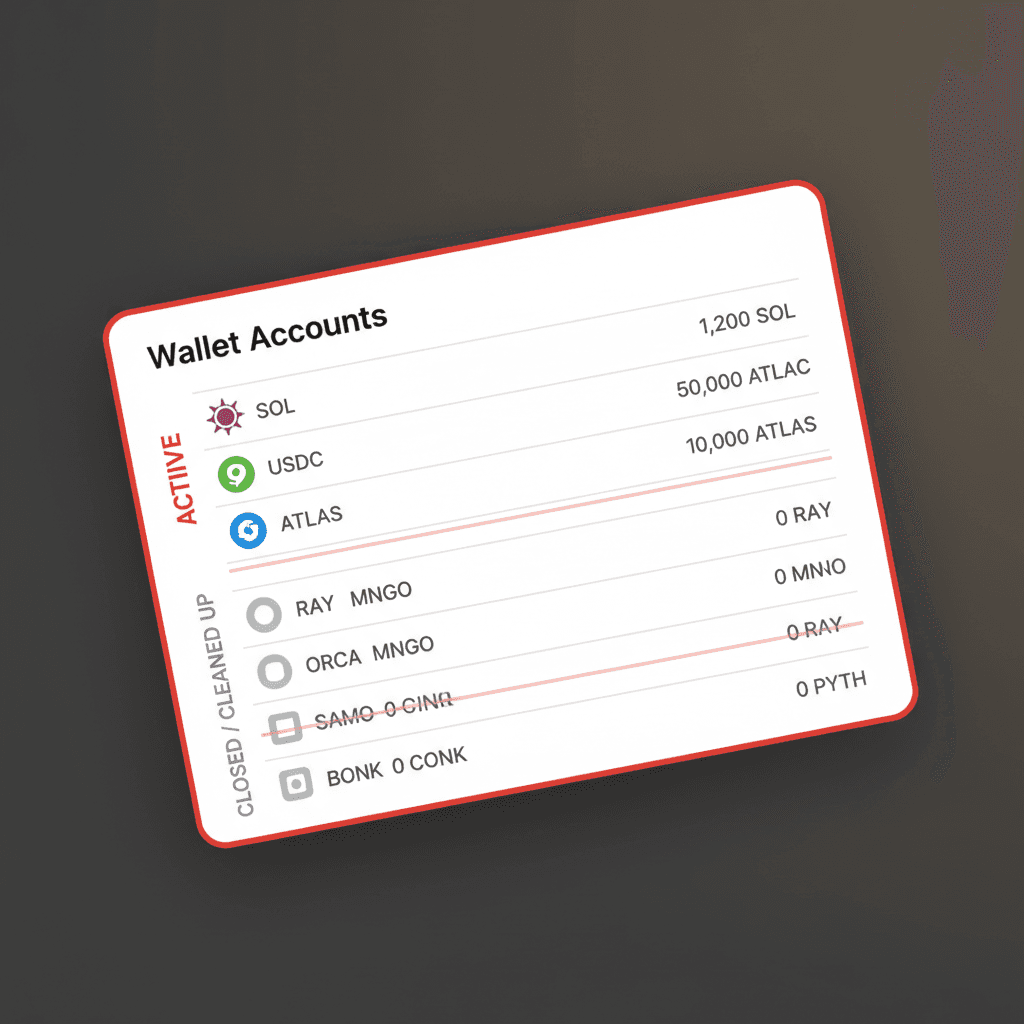 Elenco degli account di un wallet: in alto account token attivi con il loro saldo, in basso account svuotati a saldo zero, grigi e in parte barrati perché chiusi