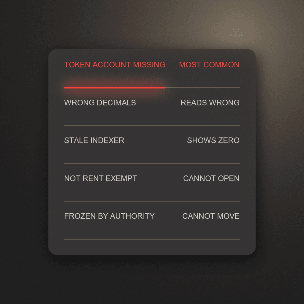 Scheda scura con cinque guasti degli account token e il loro effetto, l'ultimo un account congelato dalla sua authority che non può muoversi