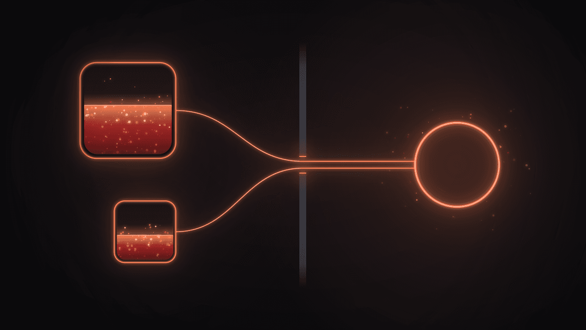 Two rounded vaults on the left, one larger and one smaller, each joined by a bright line through one narrow notch in a vertical bar to a single ring on the right that now glows