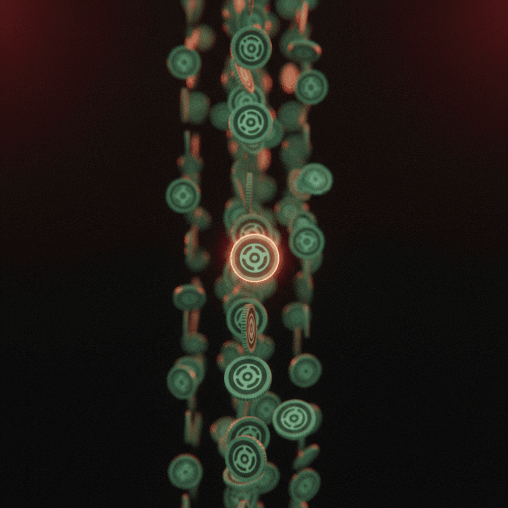Sobre fondo negro con un brillo rojo oscuro en las esquinas caen muchas monedas verde azulado idénticas y desenfocadas; solo una, en el centro, se ve nítida y con el borde rojo anaranjado