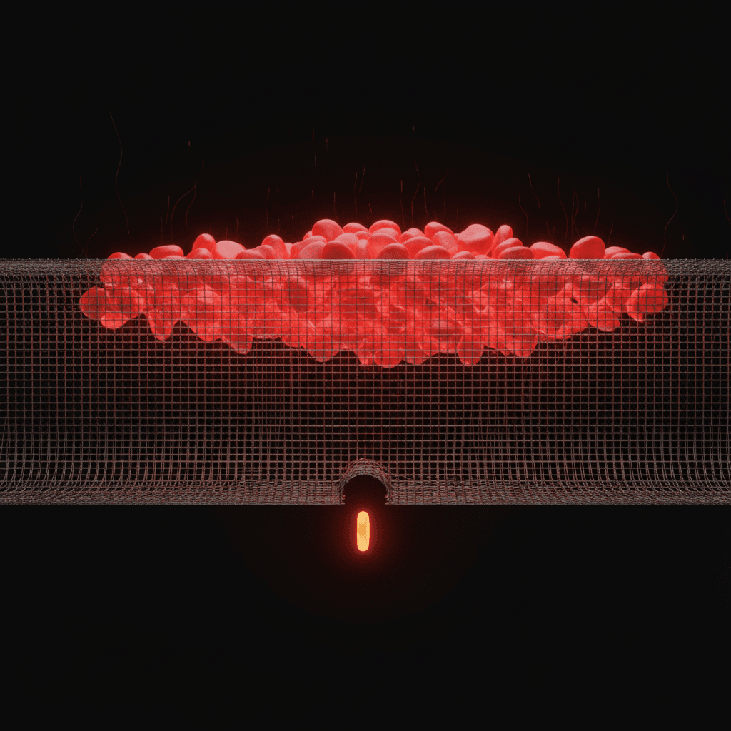 Sobre fondo negro, un tamiz de malla metálica retiene un montón de piedras rojas brillantes y por un único hueco cae una pieza pequeña naranja con forma de cápsula