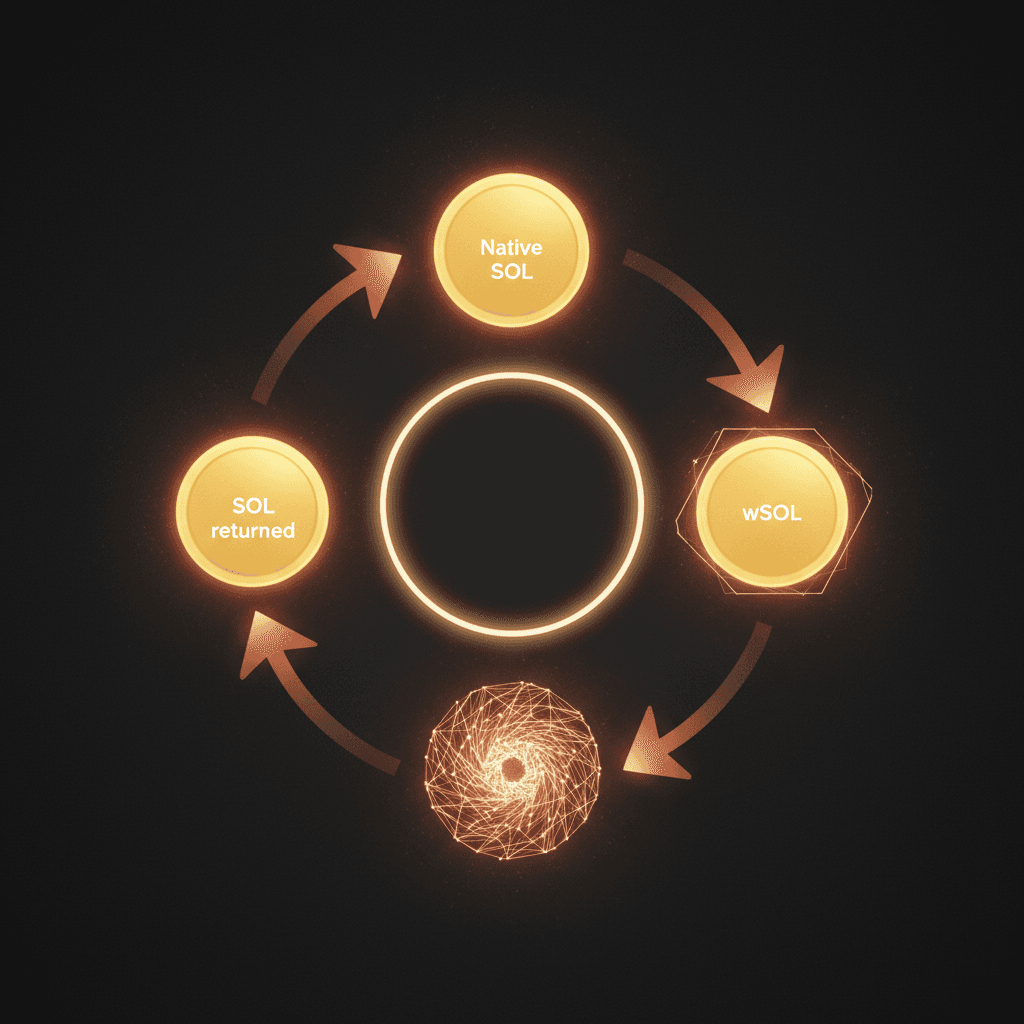 Ciclo de quatro nós luminosos ligados por setas vermelhas: SOL nativo no alto, wSOL à direita, uma esfera de malha sem rótulo embaixo e o SOL devolvido à esquerda