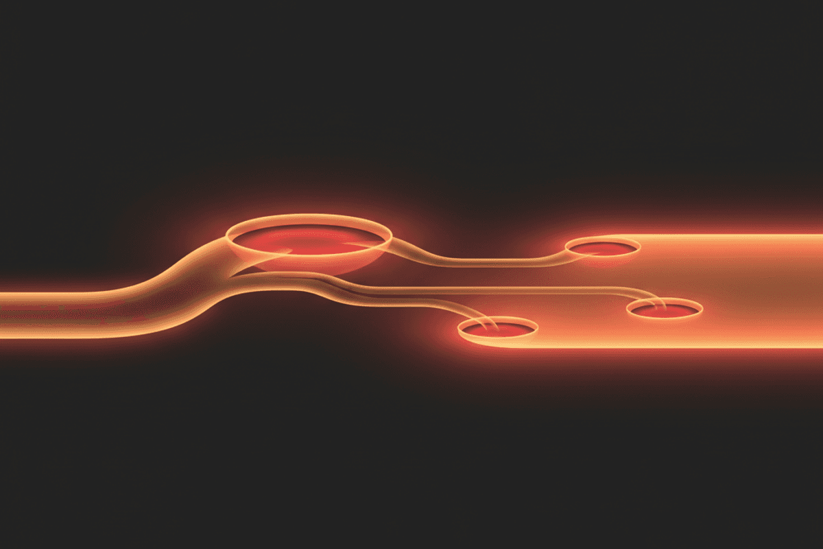 Editorial illustration of Solana aggregator routing: a single order splitting into streams through several liquidity pools before rejoining as one fill