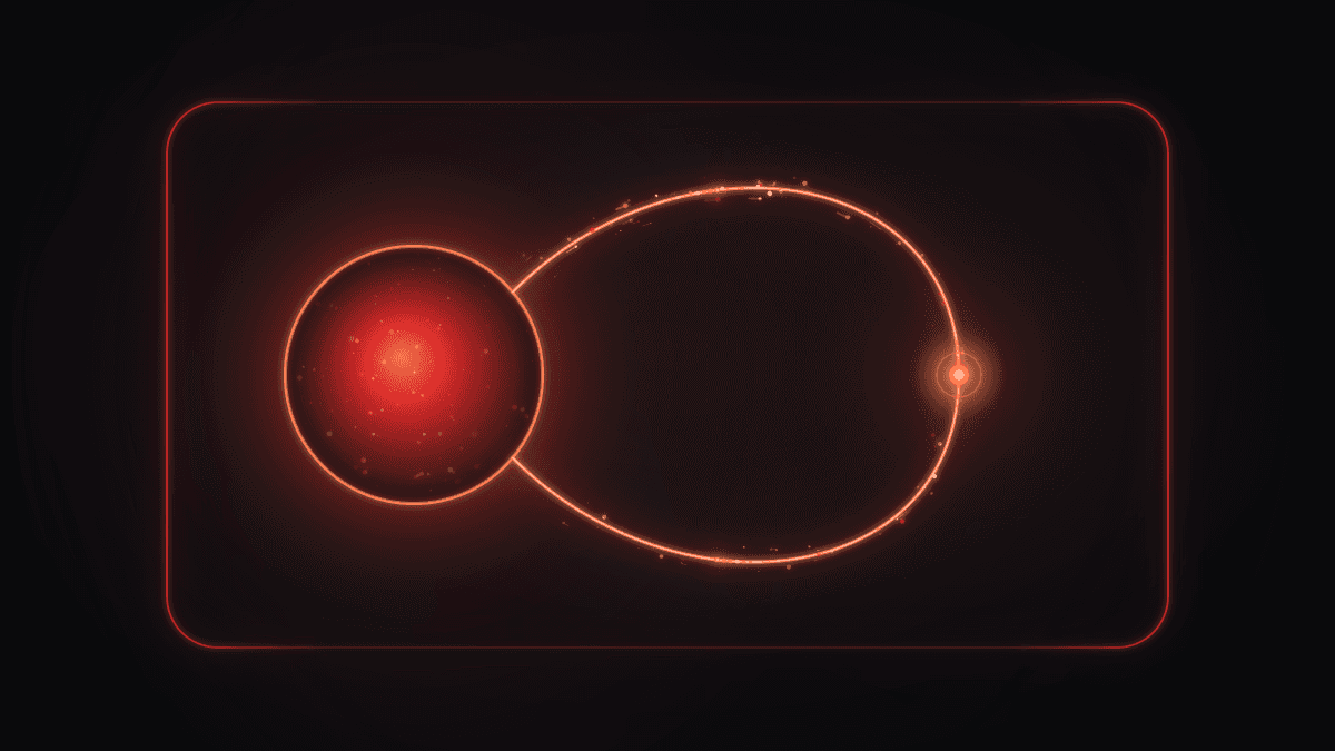 Inside one thin rounded bracket, a bright arc leaves a glowing pool circle, passes through a single node and curves back into the same pool
