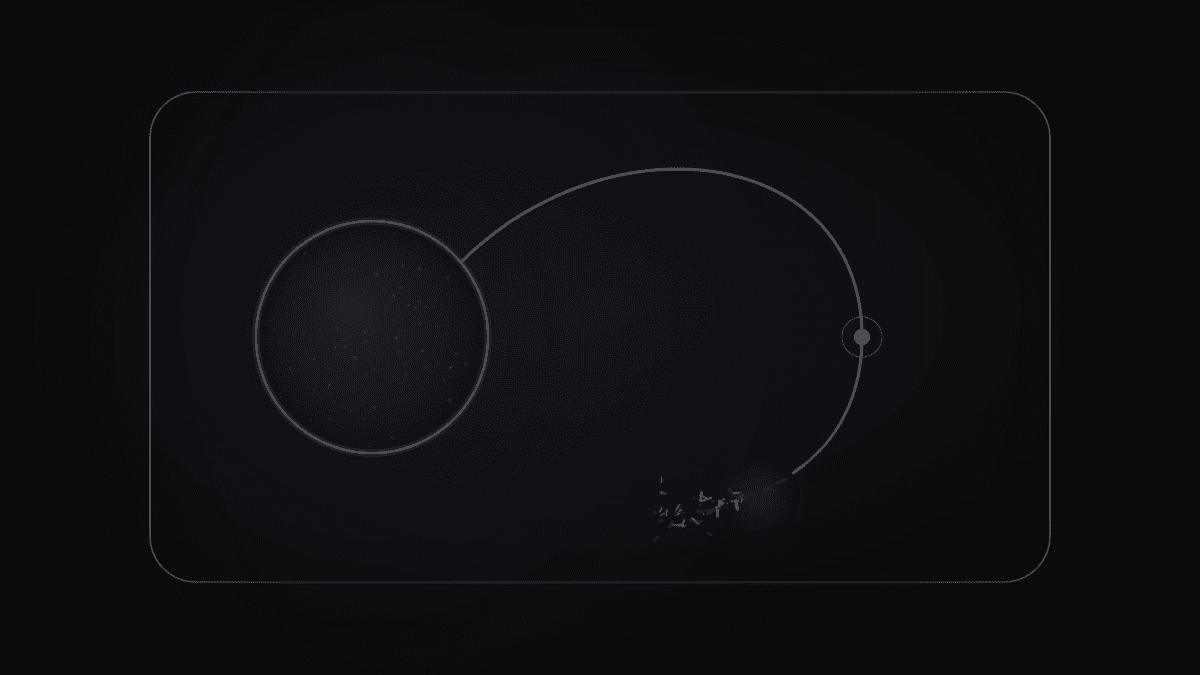 The same bracket and pool drawn in grey: the arc passes its node, then stops short of the pool and breaks into a scatter of dim fragments, and the pool is left unchanged