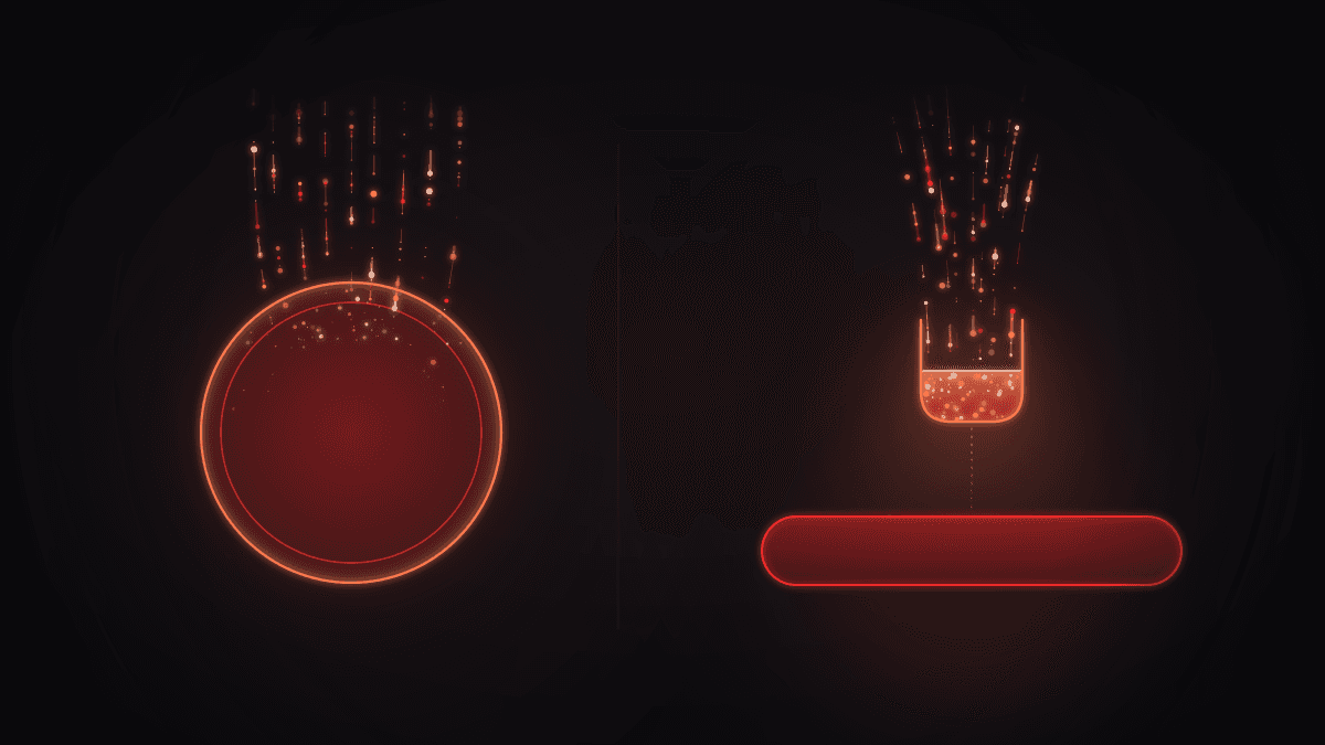 Left, a single circle drawn with an inner and a slightly larger outer ring as red particles merge into it. Right, a horizontal band with a small container above it that fills with the particles