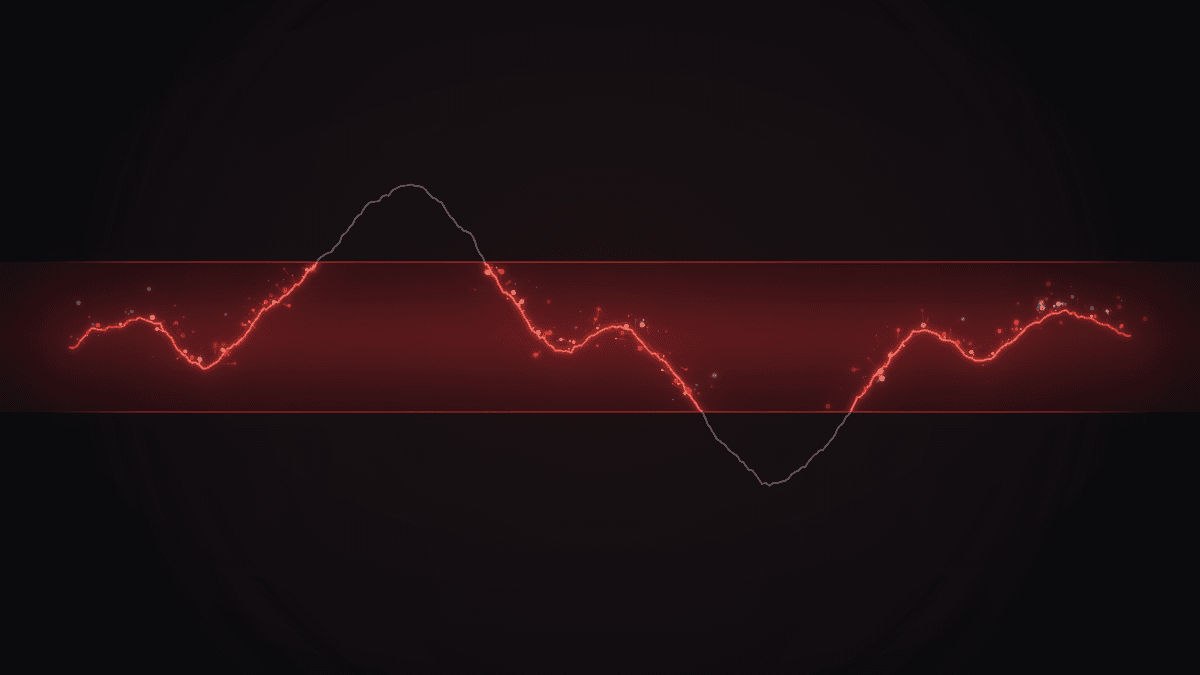 A shaded horizontal band across the middle marks a price range. A thin price line wanders through it, glowing red and throwing sparks inside the band, grey and spark-free above or below it