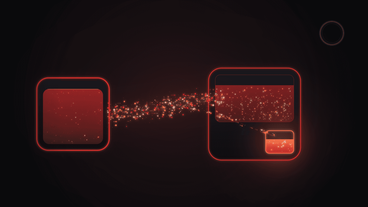 Particles stream from a left account into a right one; most land in its main body, a small share drops into a separate compartment inside it, and a dim circle top right gets nothing