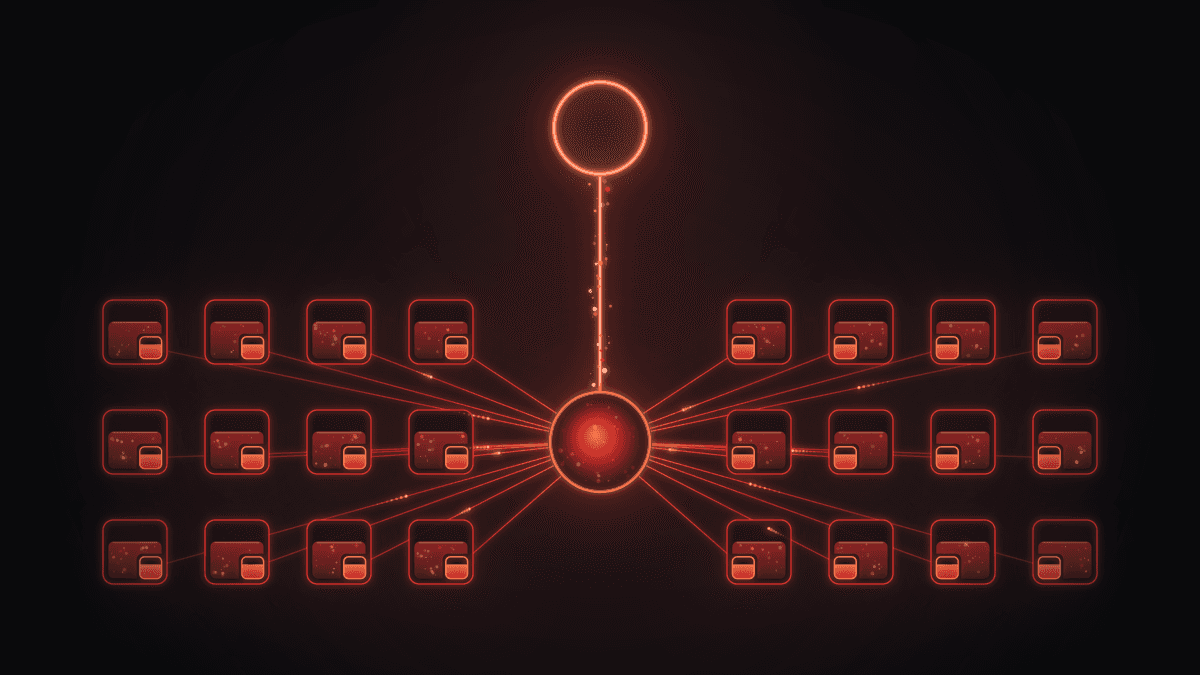 A grid of small accounts, each with an ember compartment, sends thin lines to one central disc, and a single bright line runs from that disc up to a ring at the top