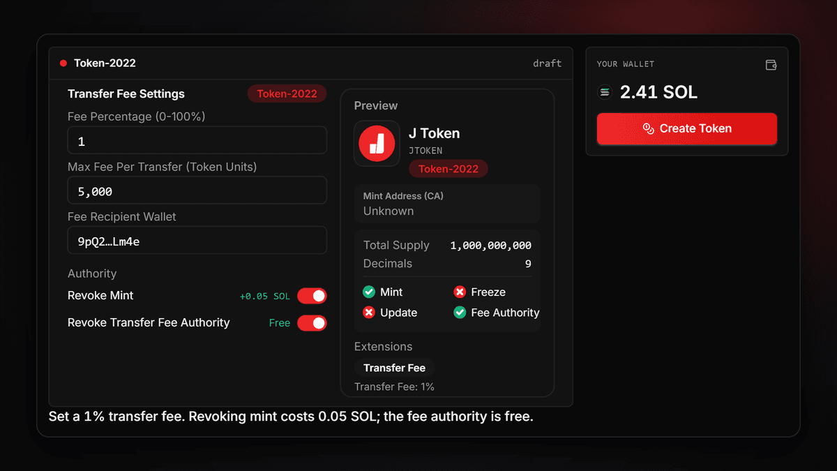 Formulário do Criador Token-2022 nas configurações de taxa de transferência, com teto de 5.000 unidades por transferência e as revogações do mint e da autoridade da taxa ligadas