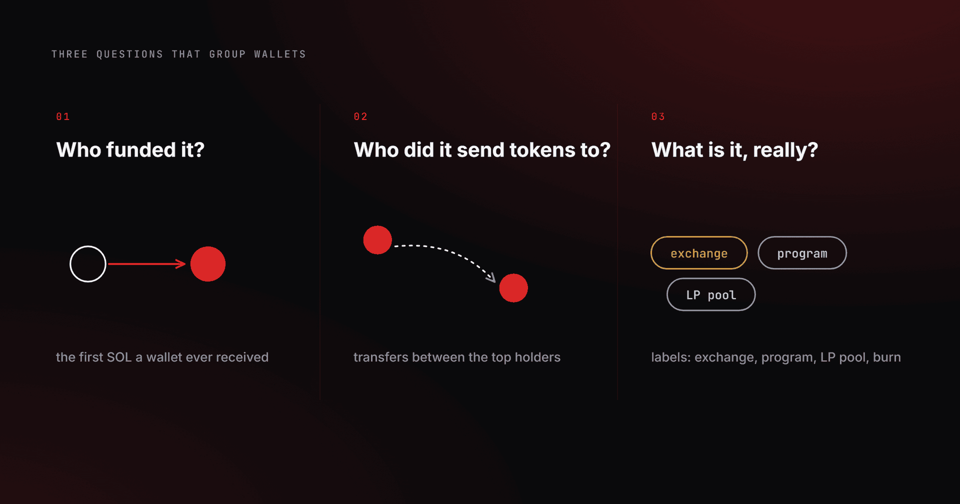 Three questions that group wallets: who funded it, who did it send tokens to, and what is it, with labels such as exchange, program and LP pool